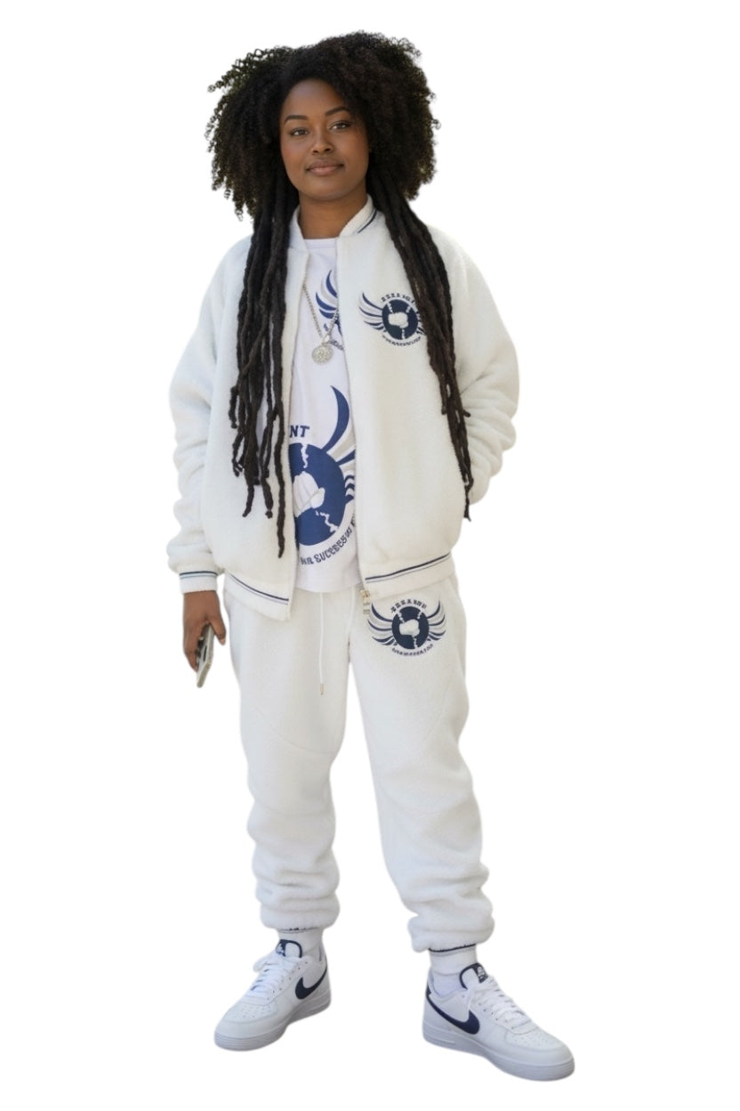 Model wearing complete Ice White GOAT Belly 4-piece sweatsuit