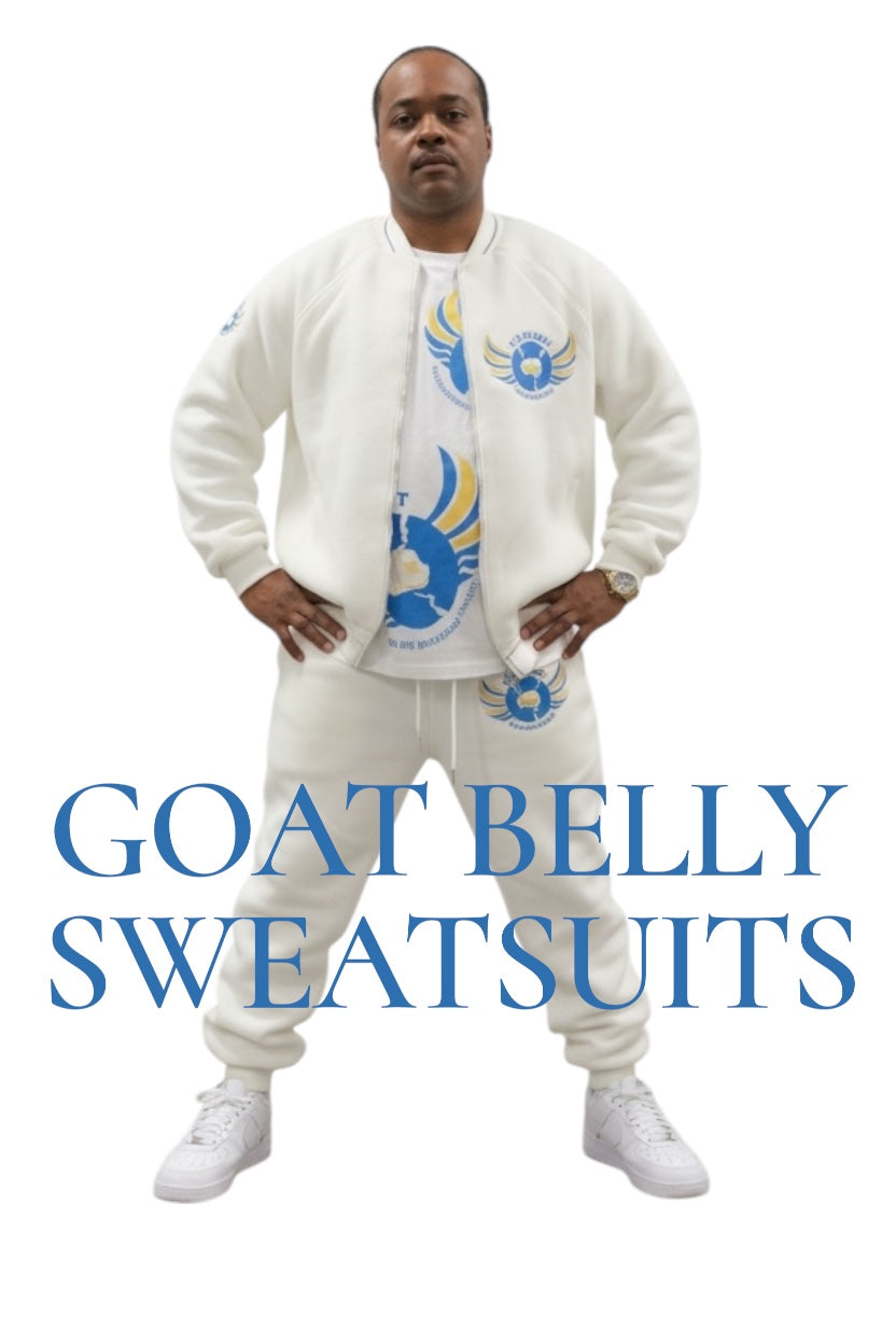 Blue and gold logo Ice White GOAT Belly sweatsuit